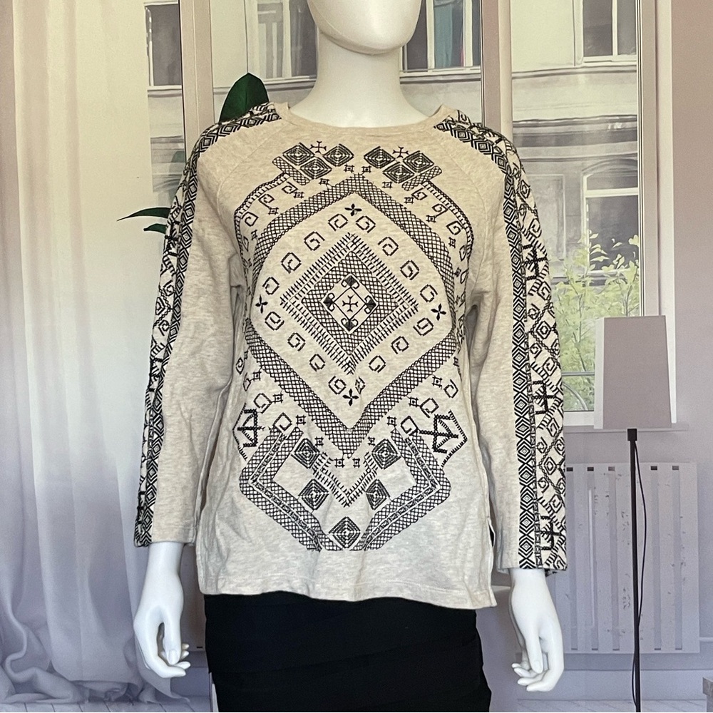 Zara Basic Oatmeal SW Embroidered Print Cotton Crew Neck Top/Sweater. Sz.S/2